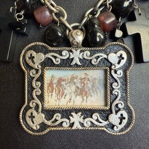 Vintage Black and Silver Western Picture Frame Pendant Necklace